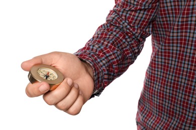 Photo of Man holding compass on white background, closeup