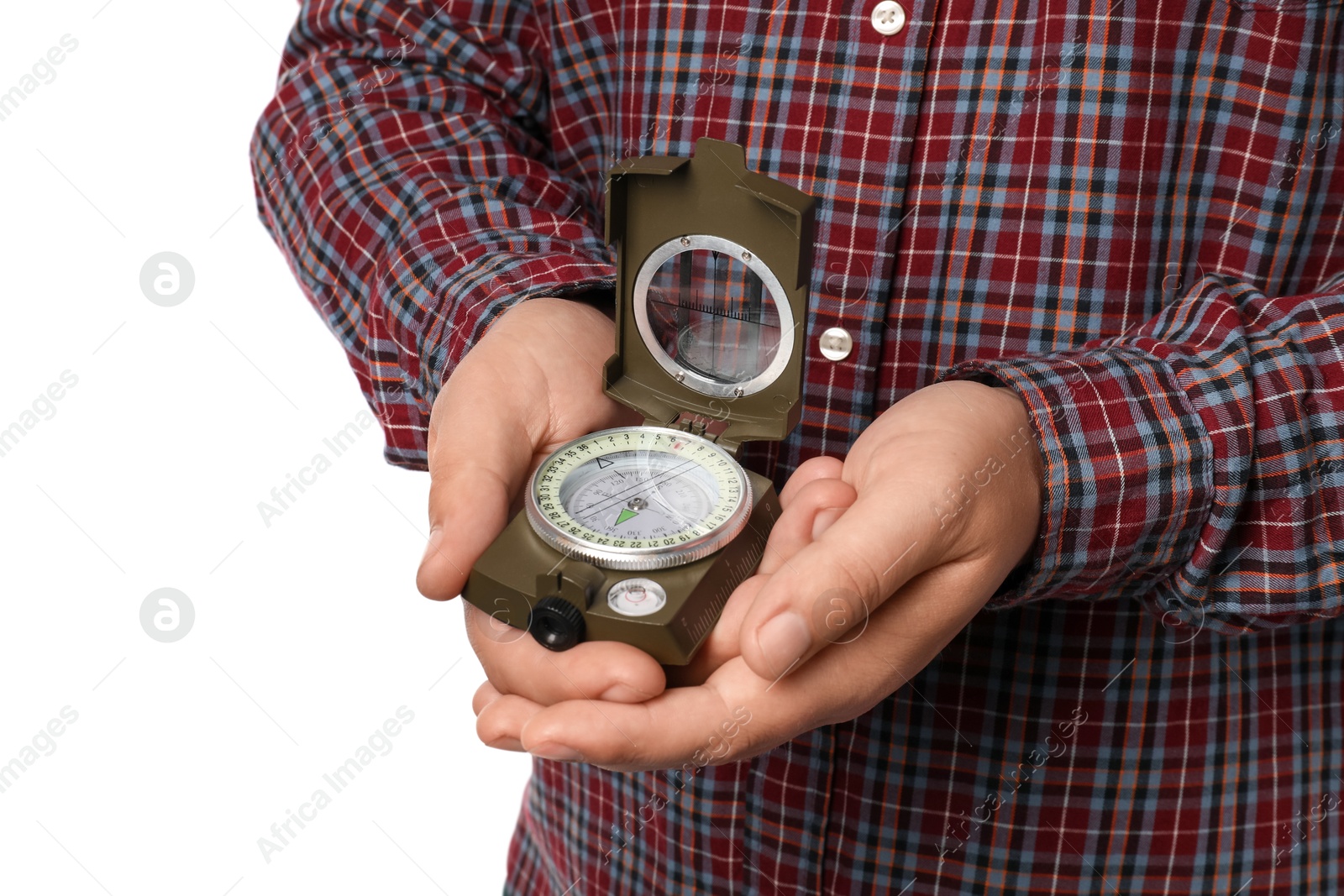 Photo of Man holding compass on white background, closeup