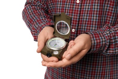 Photo of Man holding compass on white background, closeup