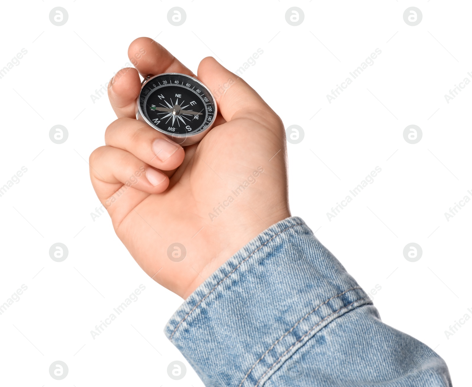 Photo of Man holding compass on white background, closeup