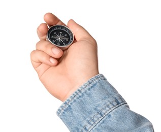 Photo of Man holding compass on white background, closeup