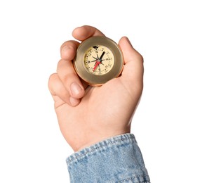 Photo of Man holding compass on white background, closeup