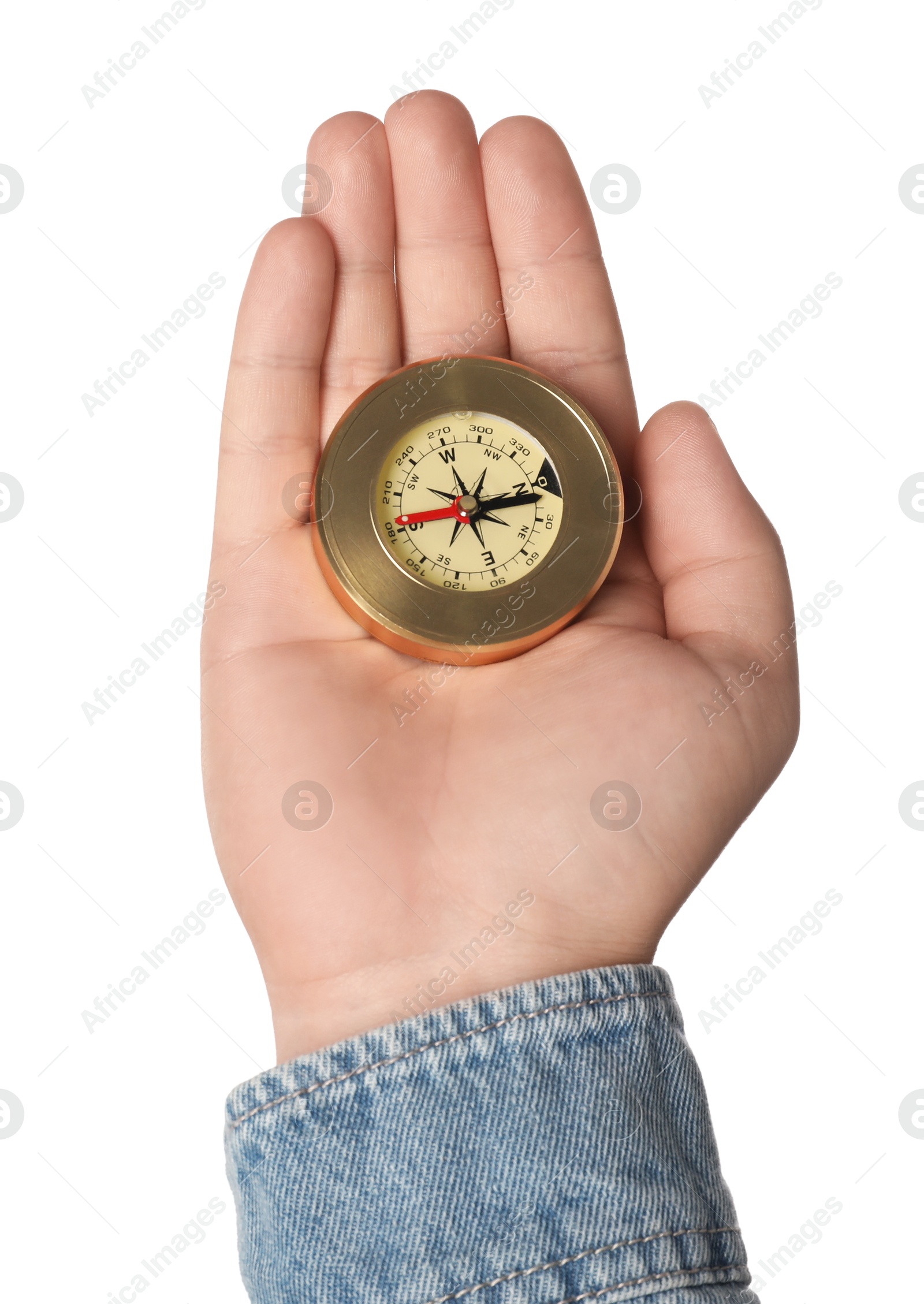 Photo of Man holding compass on white background, closeup