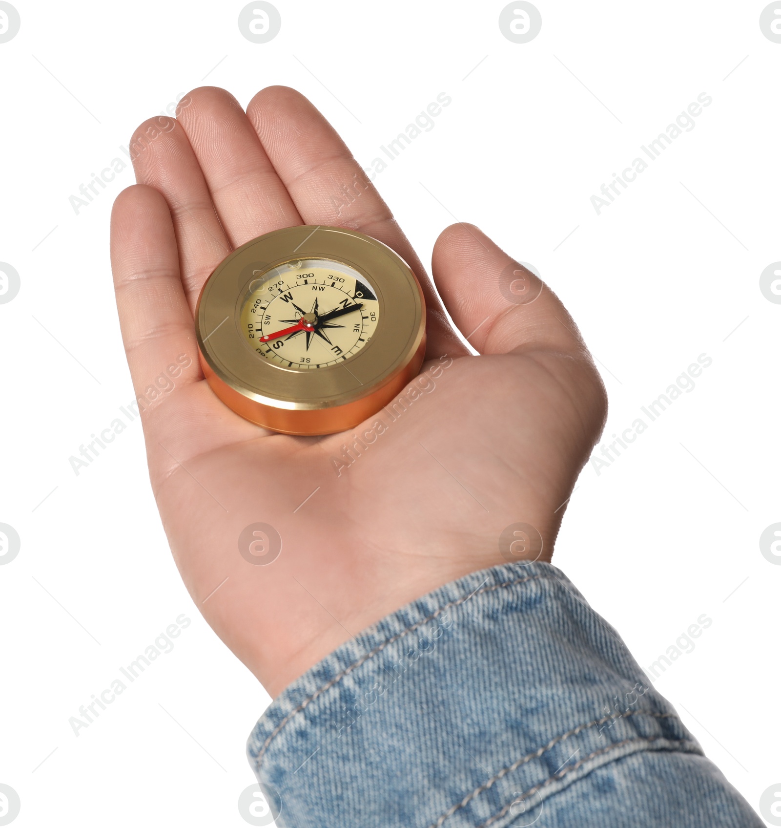 Photo of Man holding compass on white background, closeup