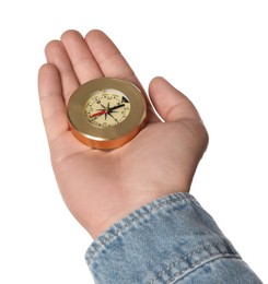 Photo of Man holding compass on white background, closeup