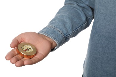 Man holding compass on white background, closeup