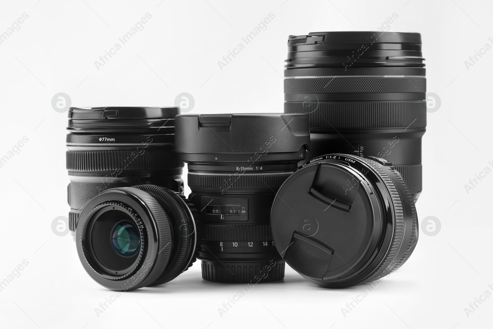 Photo of Camera lens on white background. Photographer's equipment