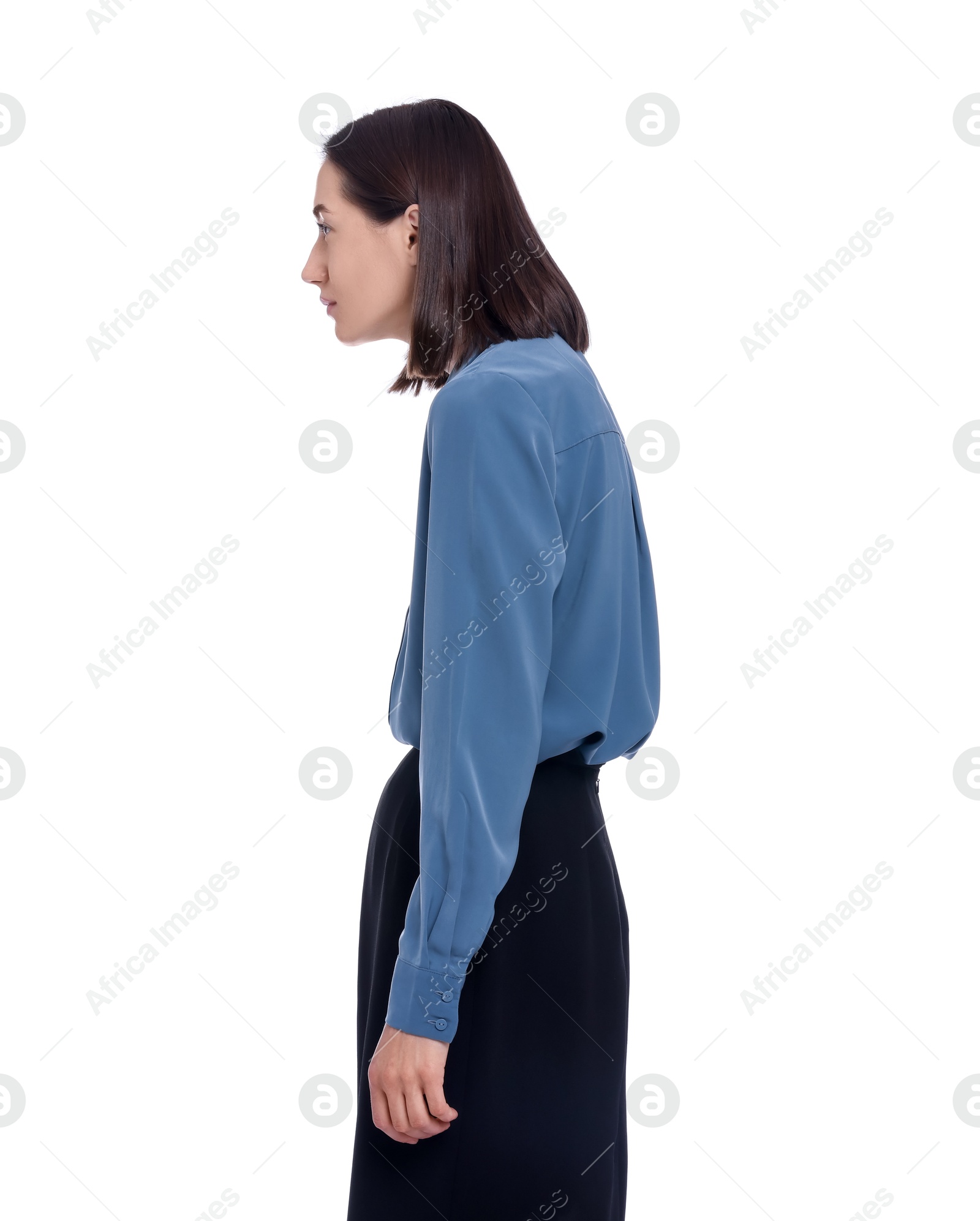 Photo of Woman with poor posture on white background