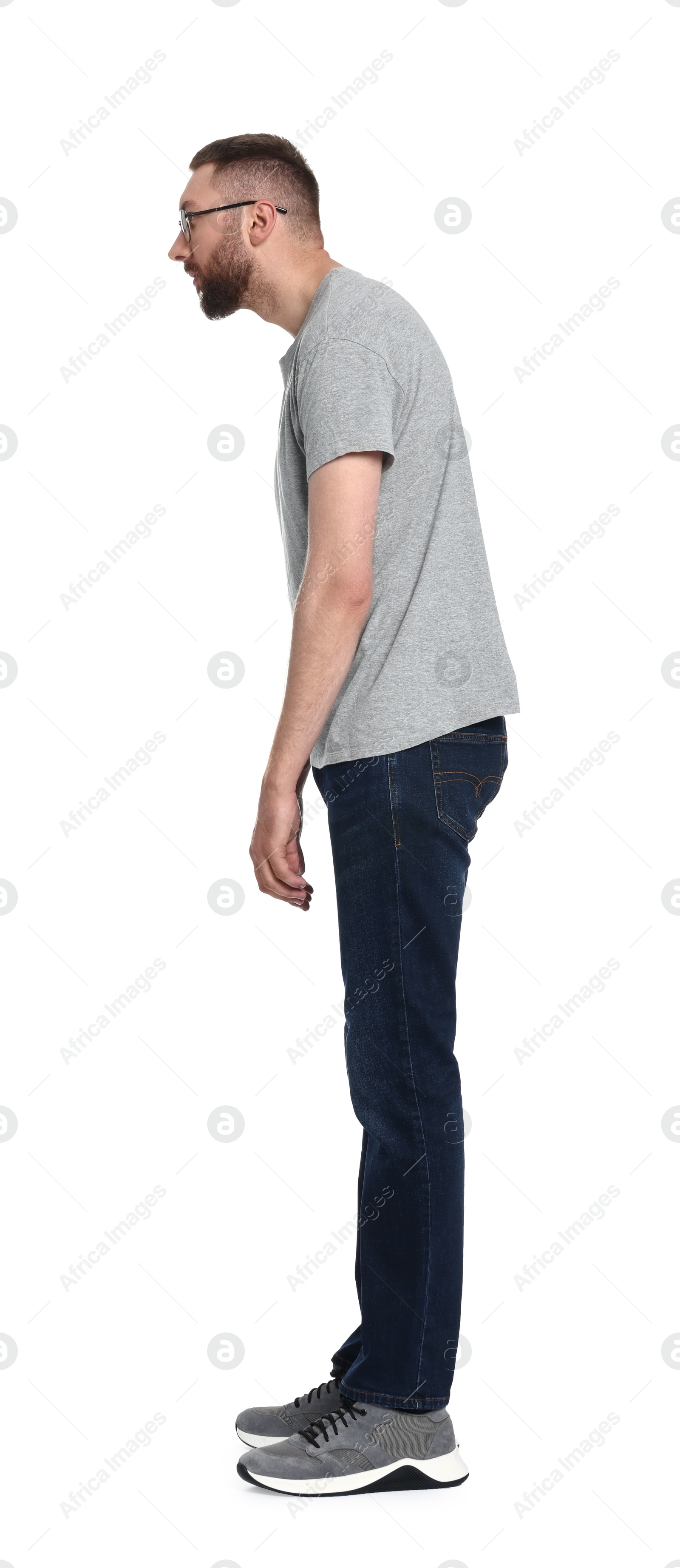 Photo of Man with poor posture on white background