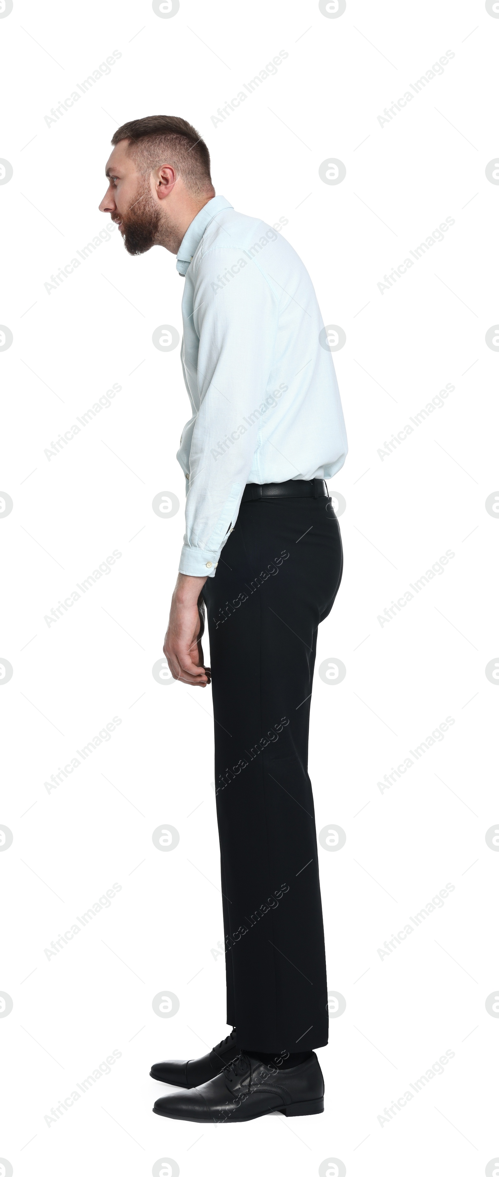 Photo of Man with poor posture on white background