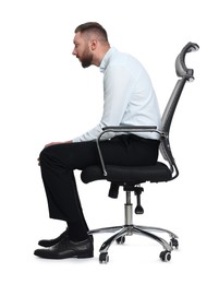 Man with poor posture sitting on chair against white background