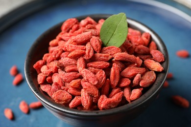 Photo of Dried goji berries and leaf in bowl on plate, closeup