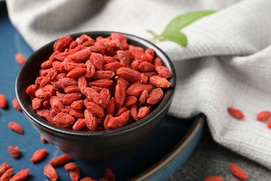 Dried goji berries in bowl on table, closeup