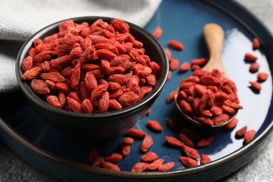 Dried goji berries in bowl on table, closeup