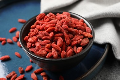 Dried goji berries in bowl on table, closeup
