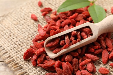 Dried goji berries and scoop on table, closeup