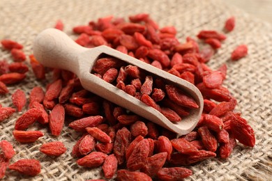 Dried goji berries and scoop on burlap fabric, closeup