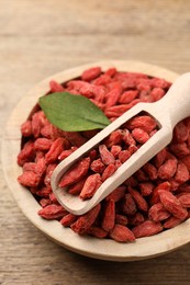 Dried goji berries in bowl and scoop on wooden table, closeup