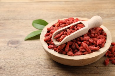 Dried goji berries in bowl and scoop on wooden table, closeup. Space for text