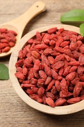 Dried goji berries in bowl and spoon on wooden table, closeup