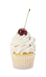 Photo of Delicious cupcake with cream and cherry isolated on white