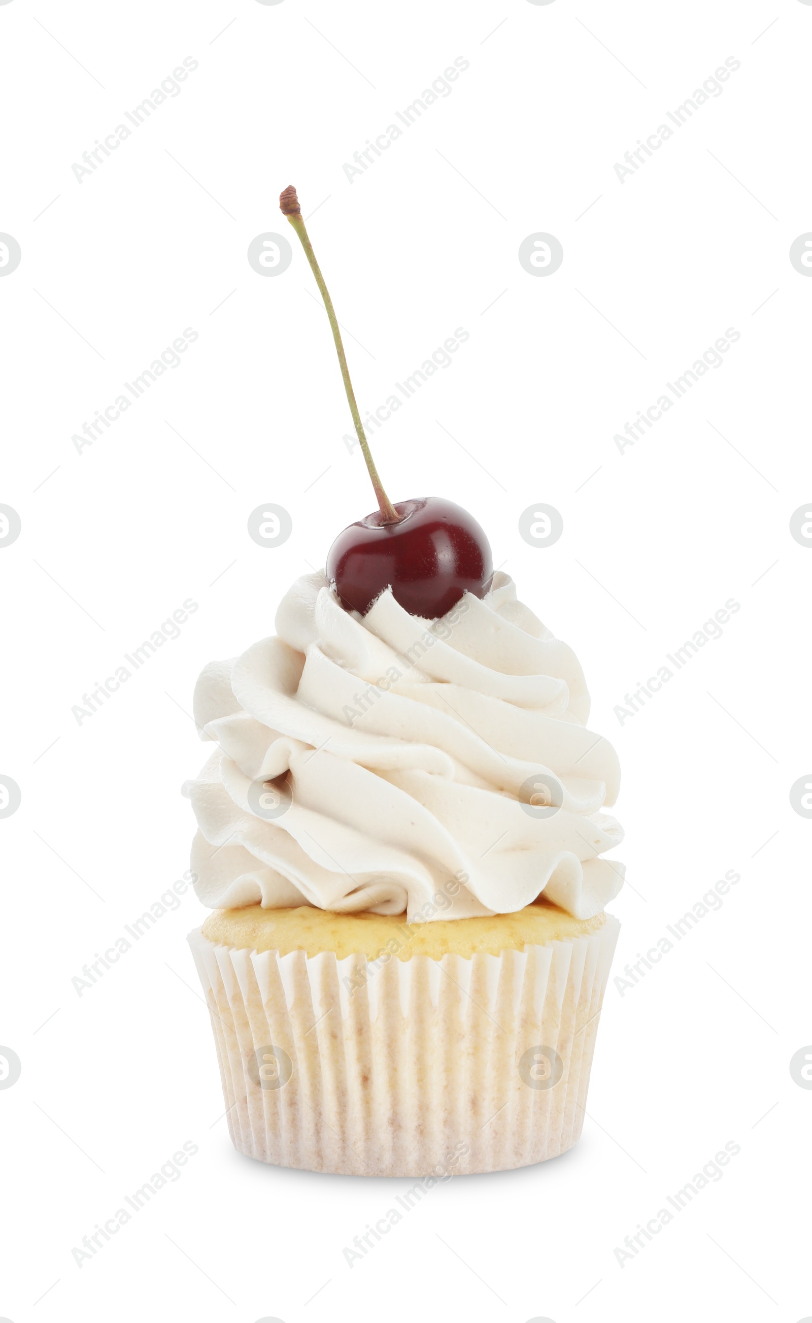 Photo of Delicious cupcake with cream and cherry isolated on white