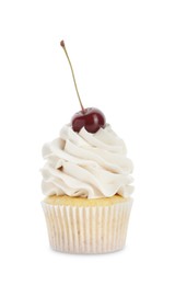 Photo of Delicious cupcake with cream and cherry isolated on white