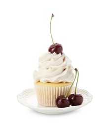 Photo of Delicious cupcake with cream and cherries isolated on white