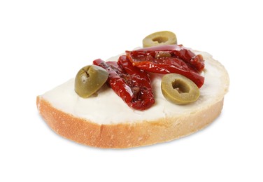 Photo of Delicious bruschetta with ricotta cheese, sun dried tomato and olives isolated on white