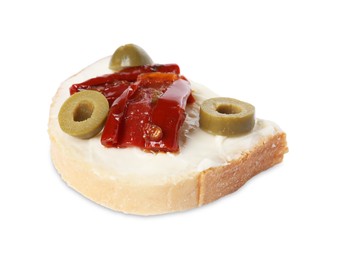 Photo of Delicious bruschetta with ricotta cheese, sun dried tomato and olives isolated on white