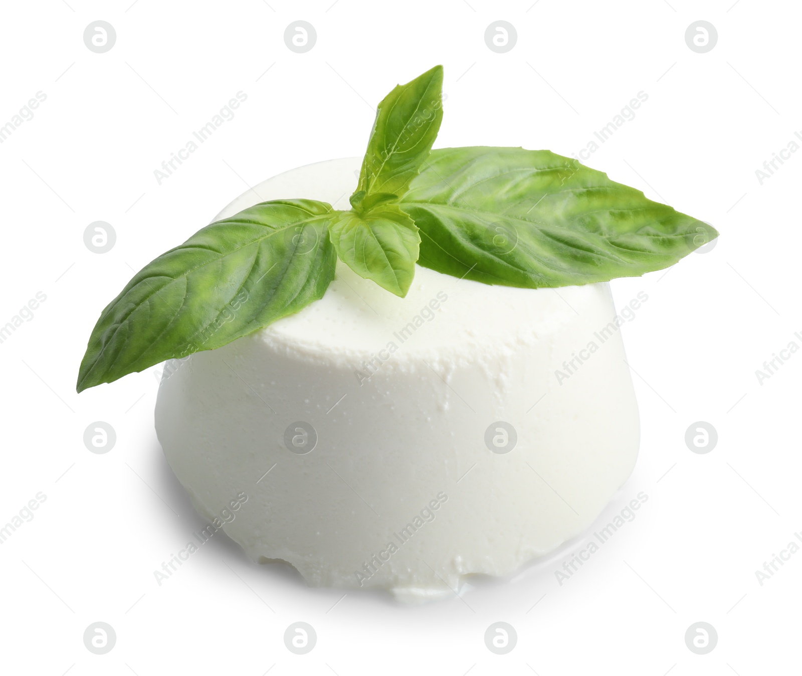 Photo of Fresh ricotta (cream cheese) and basil isolated on white