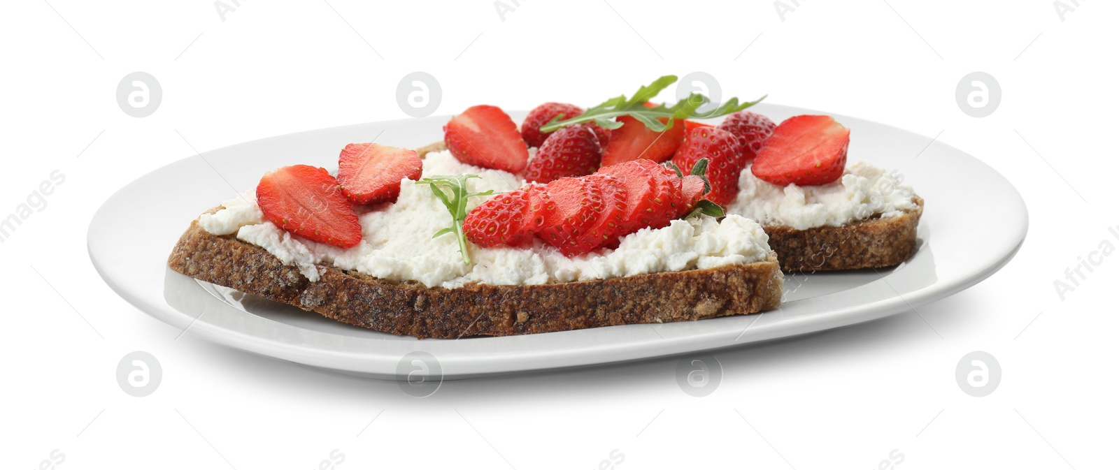 Photo of Delicious ricotta bruschettas with strawberry and arugula isolated on white