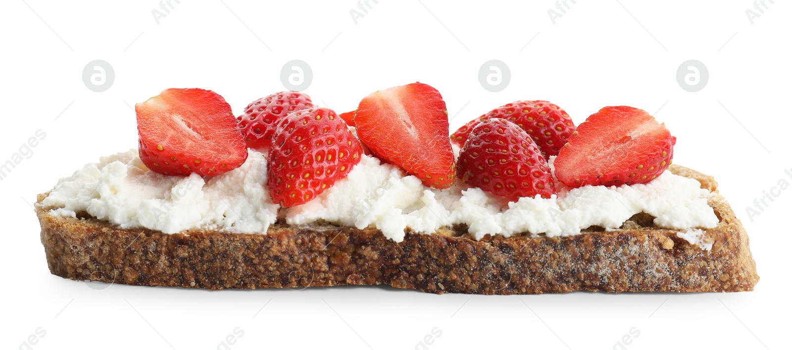 Photo of Delicious ricotta bruschetta with strawberry isolated on white