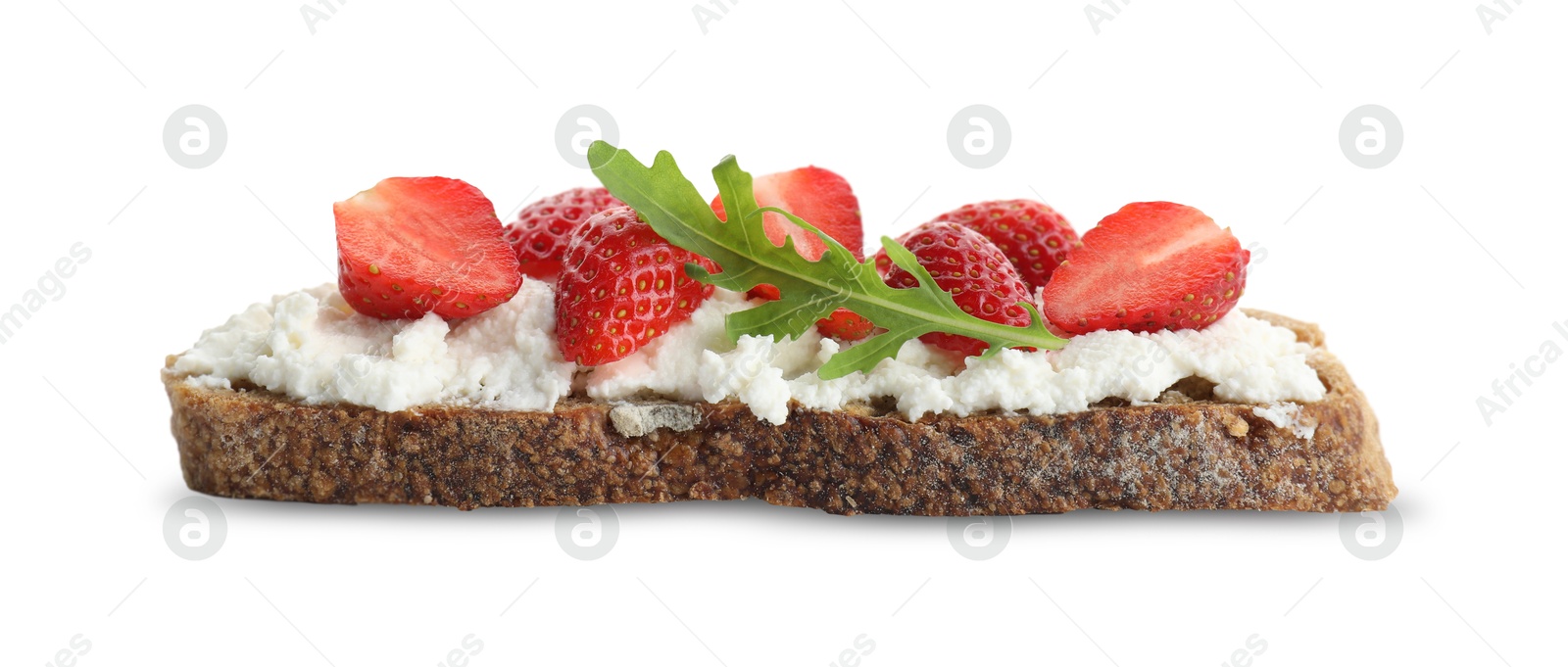 Photo of Delicious ricotta bruschetta with strawberry and arugula isolated on white