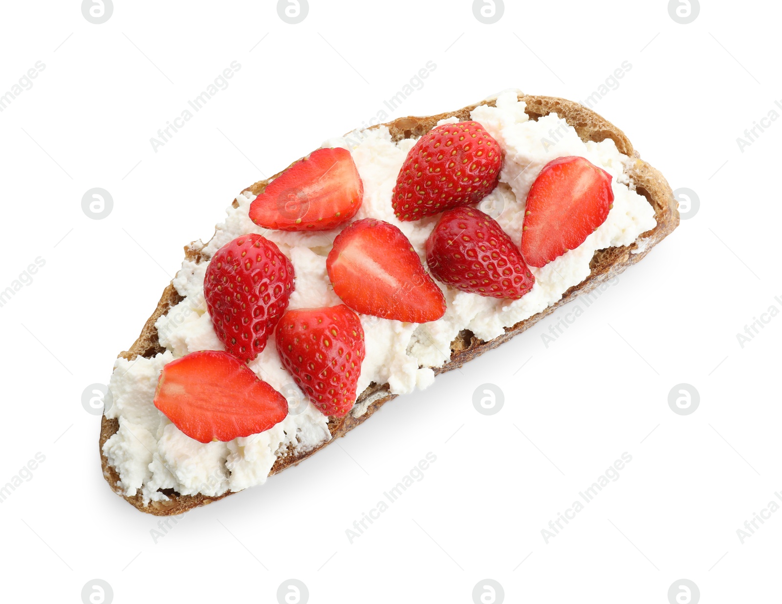 Photo of Delicious ricotta bruschetta with strawberry isolated on white, top view