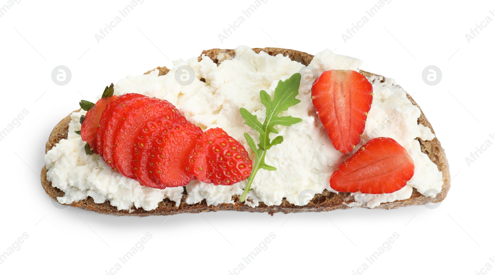 Photo of Delicious ricotta bruschetta with strawberry and arugula isolated on white, top view