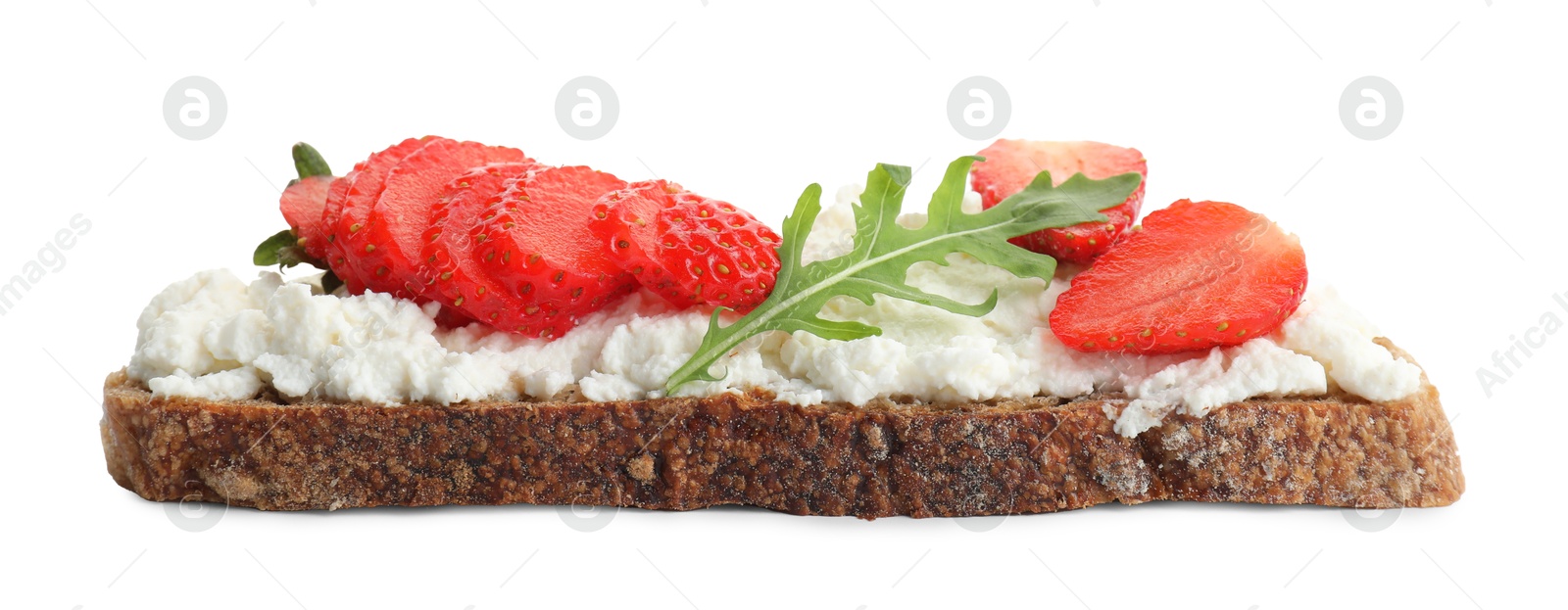 Photo of Delicious ricotta bruschetta with strawberry and arugula isolated on white