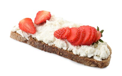 Photo of Delicious ricotta bruschetta with strawberry isolated on white