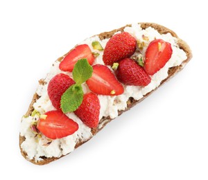 Photo of Delicious ricotta bruschetta with strawberry, mint and pistachios isolated on white, top view