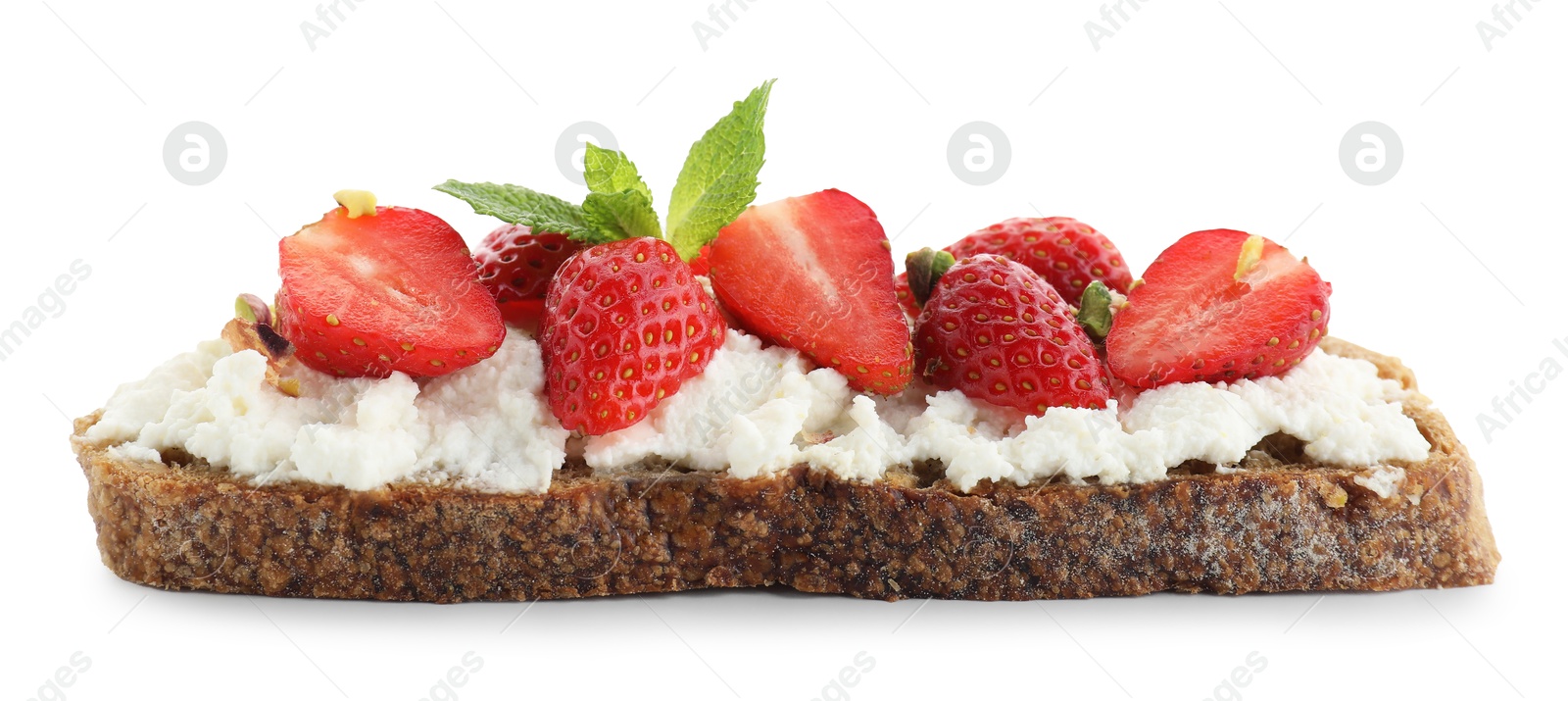 Photo of Delicious ricotta bruschetta with strawberry, mint and pistachios isolated on white