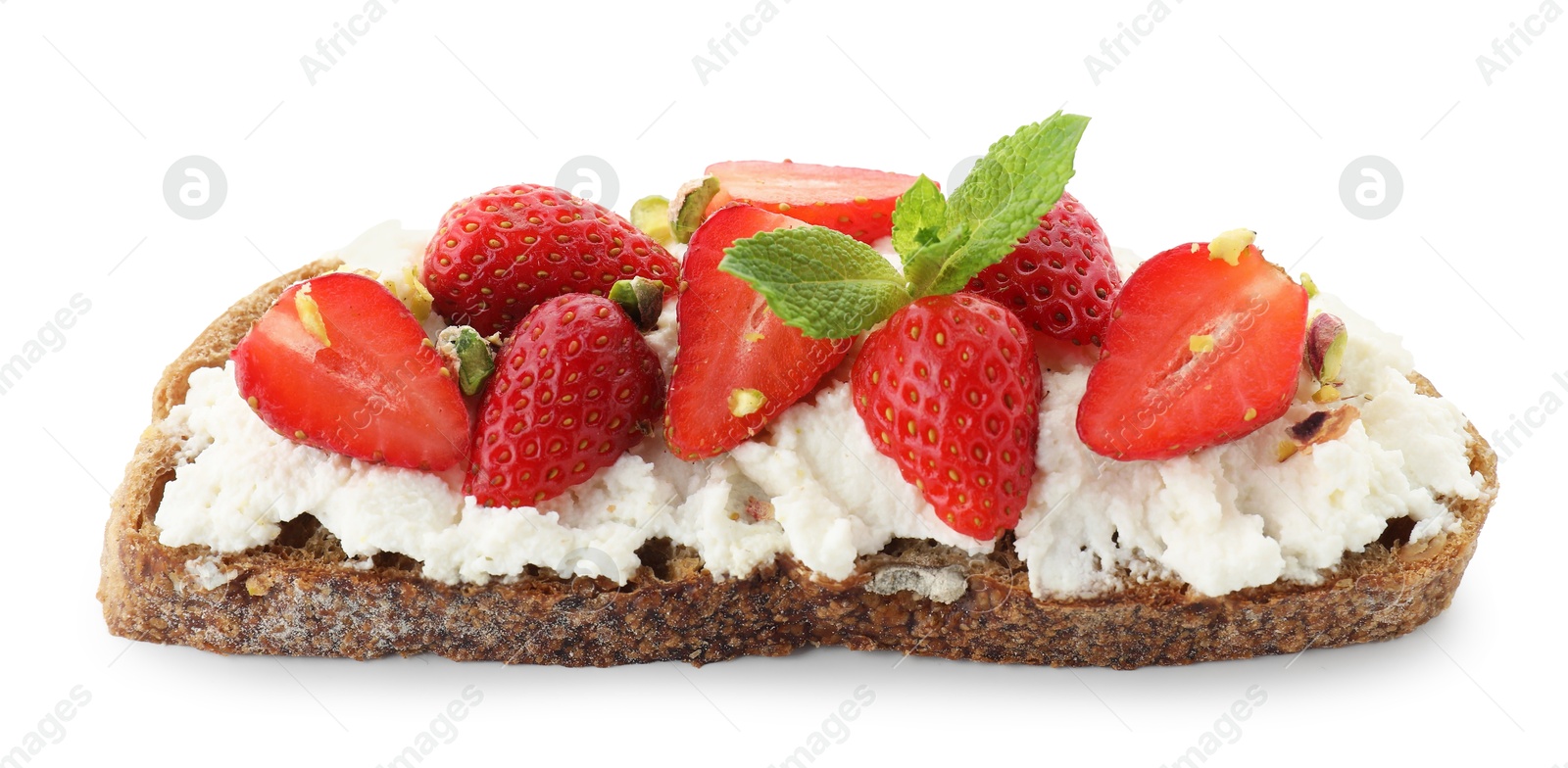 Photo of Delicious ricotta bruschetta with strawberry, mint and pistachios isolated on white