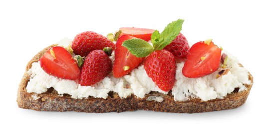 Delicious ricotta bruschetta with strawberry, mint and pistachios isolated on white