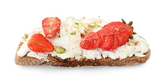 Photo of Delicious ricotta bruschetta with strawberry, honey and pistachios isolated on white