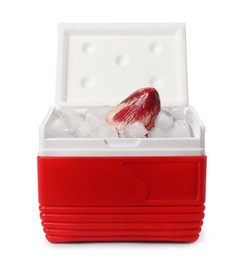 Photo of Heart with ice in cool box on white background