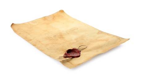 Photo of Sheet of old parchment paper with wax stamp isolated on white