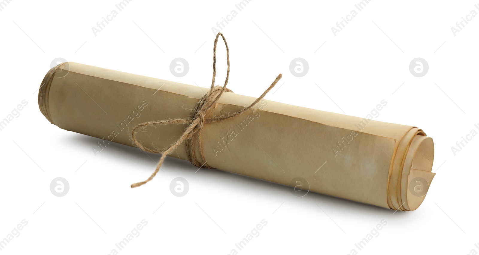 Photo of Scroll of old parchment paper isolated on white