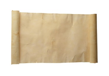 Photo of Scroll of old parchment paper isolated on white