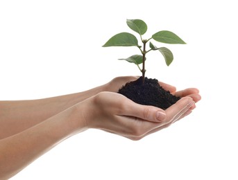 Photo of Environmental protection. Woman holding seedling with pile of soil on white background, closeup