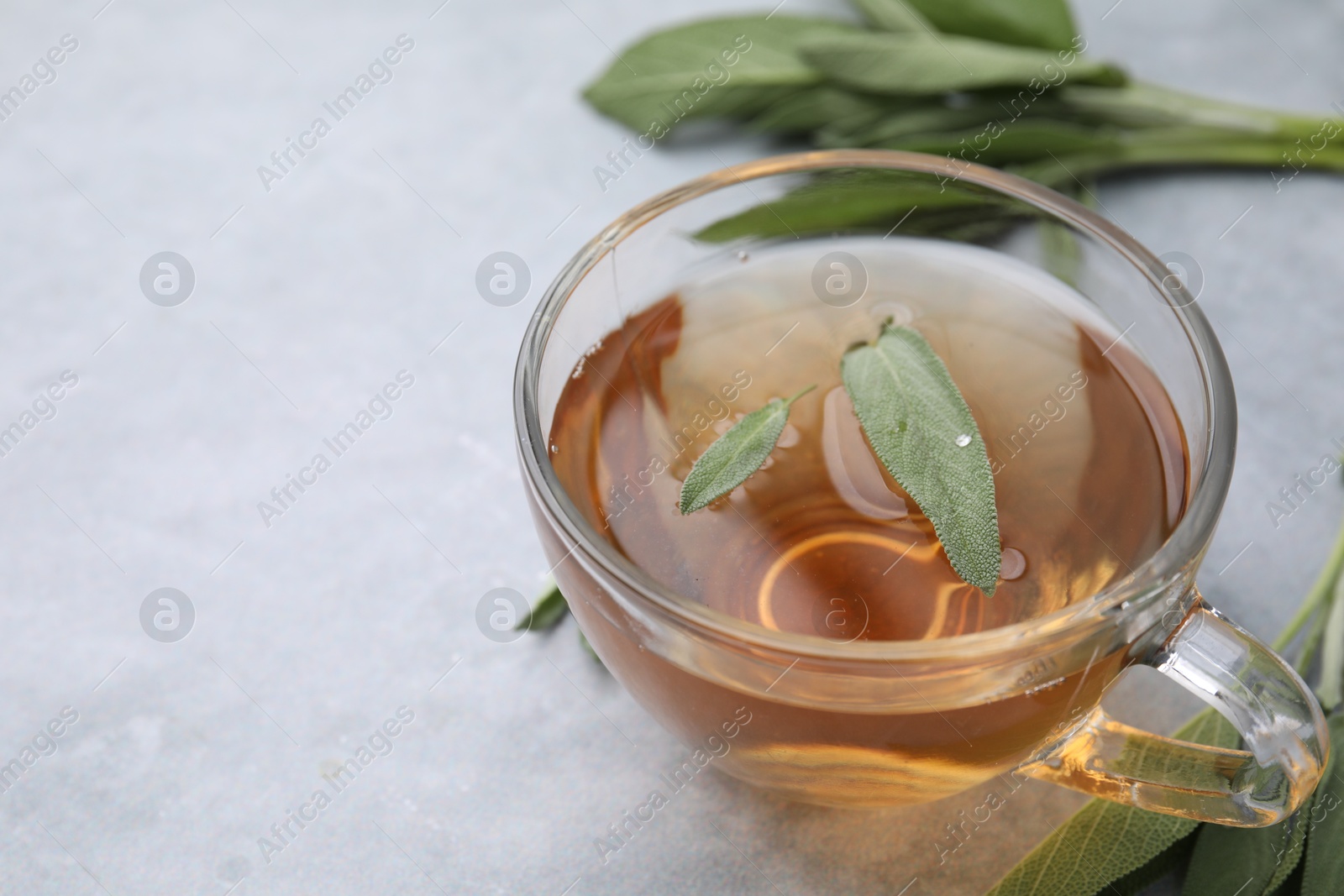 Photo of Aromatic herbal tea in cup with sage on grey table, space for text