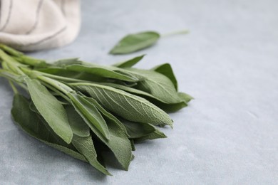 Fresh sage leaves on grey table, closeup. Space for text